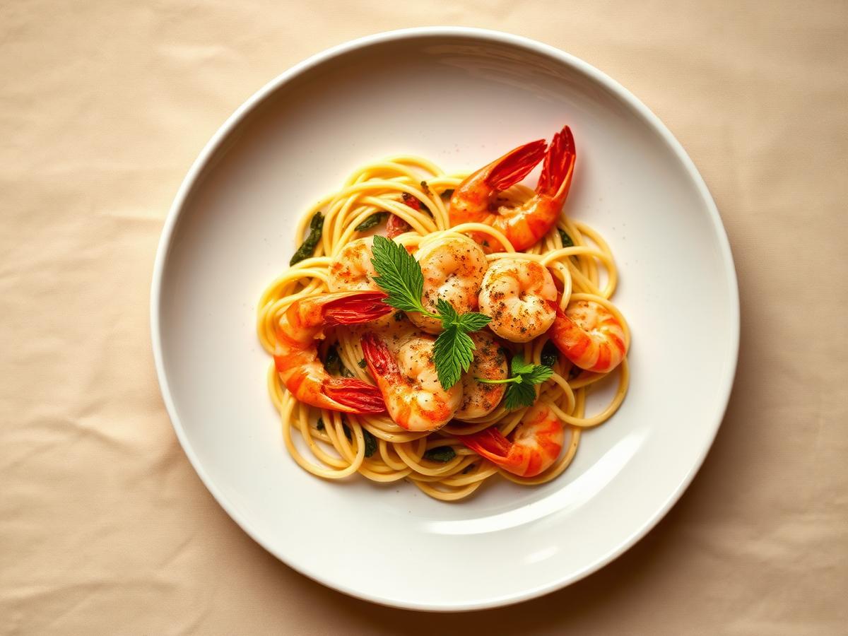 An elegant plated seafood pasta dish